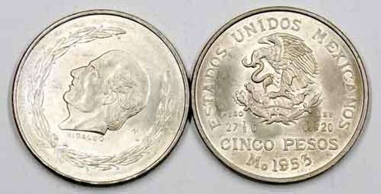 5 BU Mexico 5 Pesos Silver 1953 Bicent of Hidalgos Birth