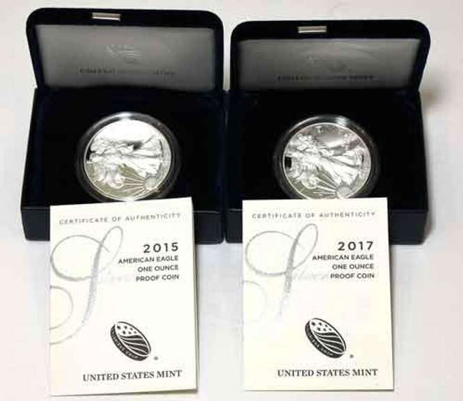 2015 W & 2017 W US Proof Silver Eagles with Boxs Papers