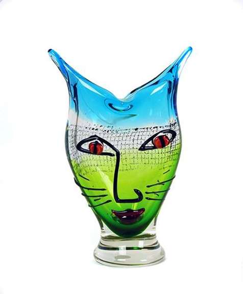 Gorgeous Murano Italian Glass Vase With Abstract Cat Woman Face Relief