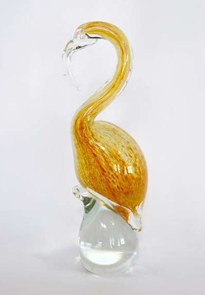 Mid Century Blown Art Clear And Yellow Glass Flamingo Figurine