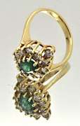 14 KT YELLOW GOLD EMERALD AND DIAMOND RING.