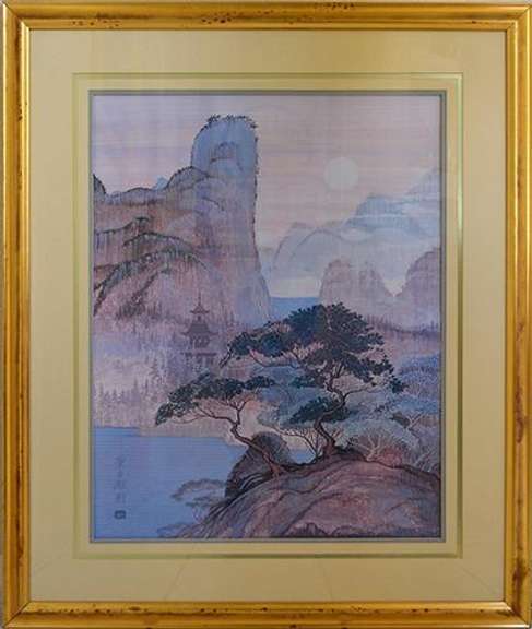 Japan Landscape Scene, Vintage Large Fine Art Print
