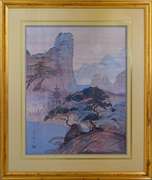 Japan Landscape Scene, Vintage Large Fine Art Print