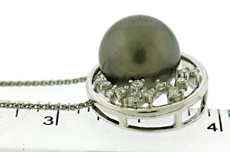 White Gold Tahitian Pearl and Diamond Pendant Necklace