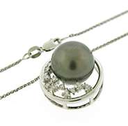 White Gold Tahitian Pearl and Diamond Pendant Necklace
