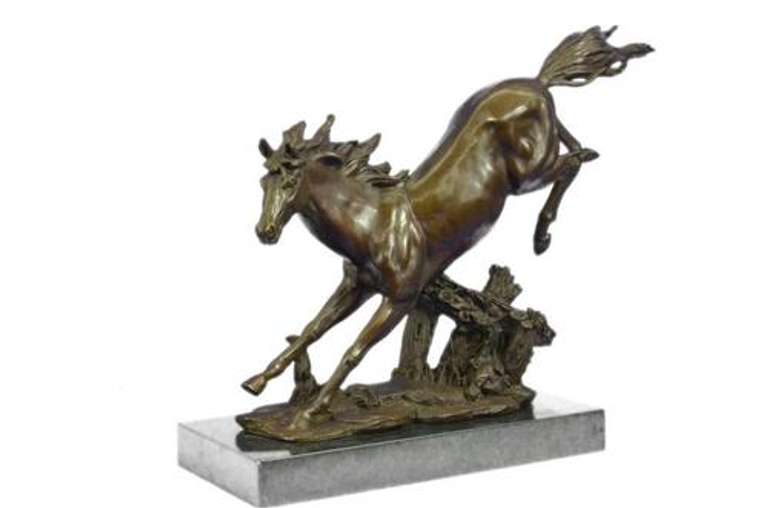 Agile Wild Stallion Horse Race Bronze Sculpture on Marble