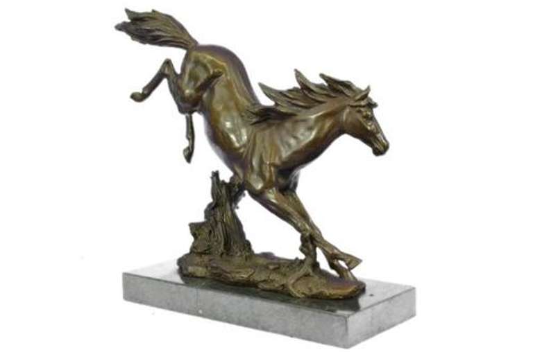 Agile Wild Stallion Horse Race Bronze Sculpture on Marble