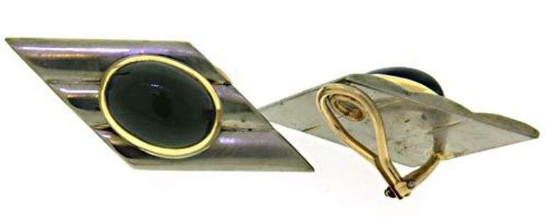 Sterling Silver and Gold Green Tourmaline Cab Earrings