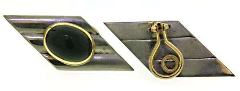 Sterling Silver and Gold Green Tourmaline Cab Earrings
