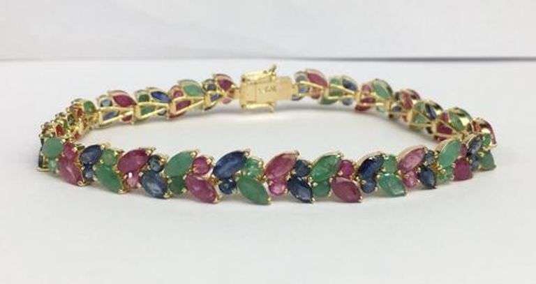 Beautiful Natural Ruby, Emerald, & Blue Sapphire Bracelet in 14kt Solid Yellow Gold- 15+Carats!