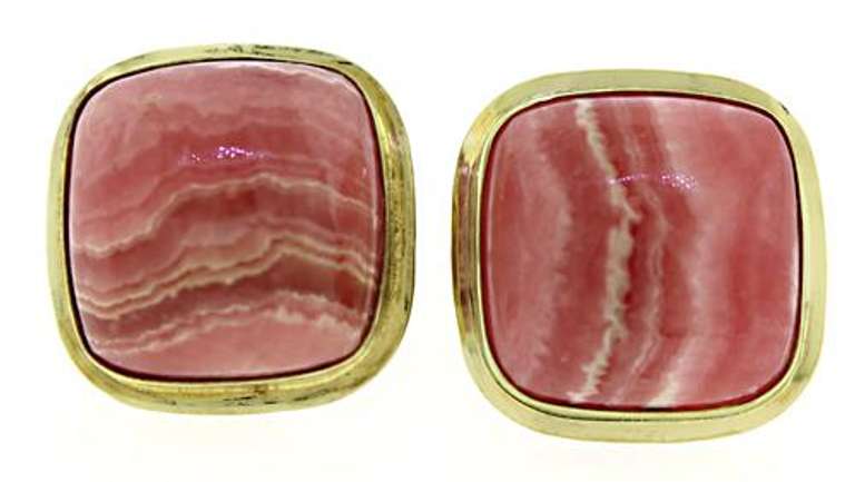 Stunning 14kt YG Rhodochrosite Cushion Cabochon Earrings