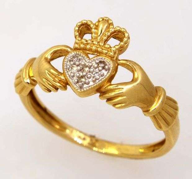Gold Claddagh Ring with Diamonds, Size 6.75