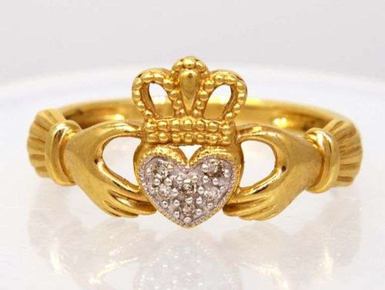 Gold Claddagh Ring with Diamonds, Size 6.75