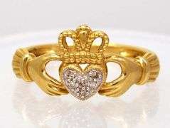 Gold Claddagh Ring with Diamonds, Size 6.75