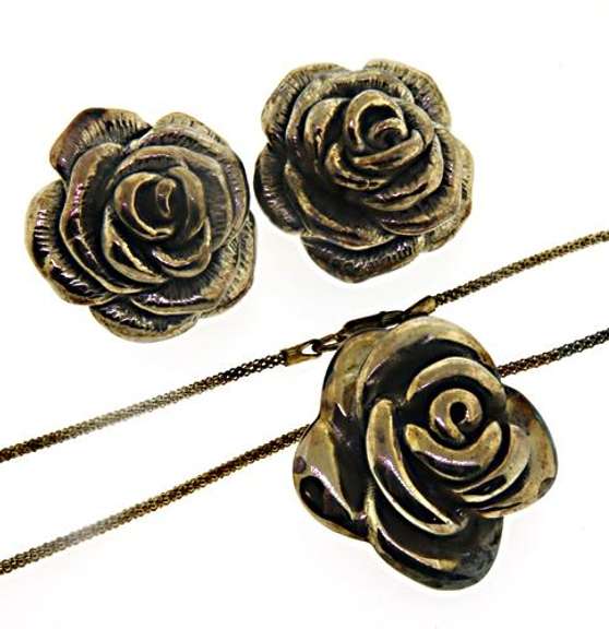 Whimsical Sterling Silver Set of Rose Earrings and Necklace