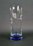 Clear and Cobalt Blue Crystal Vase With Etched Flowers