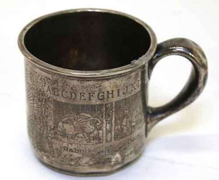 Large Childs Sterling Silver Mug with Acid Etched Animals