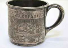 Large Childs Sterling Silver Mug with Acid Etched Animals