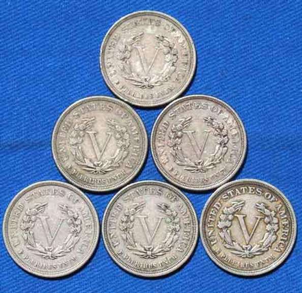 6 1883 No Cent Rackateer Type V Nickels