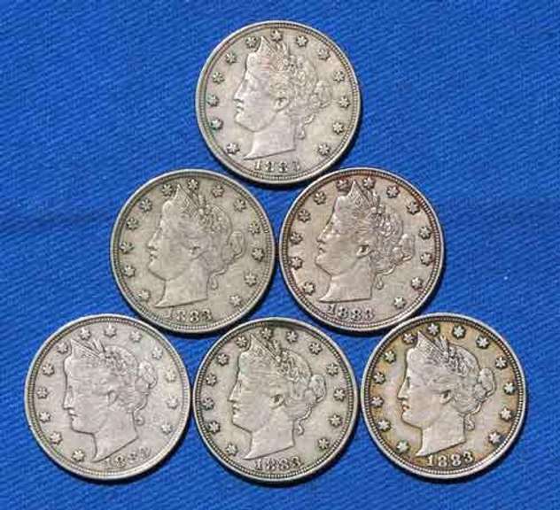 6 1883 No Cent Rackateer Type V Nickels