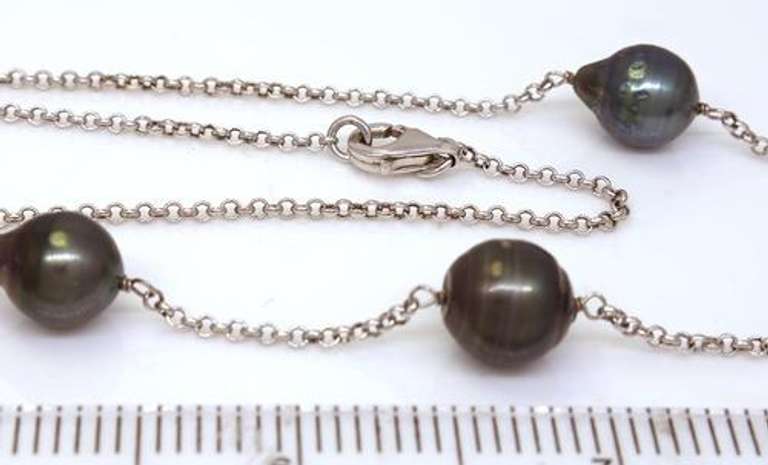 Black Pearl Station Necklace in Sterling, 18in