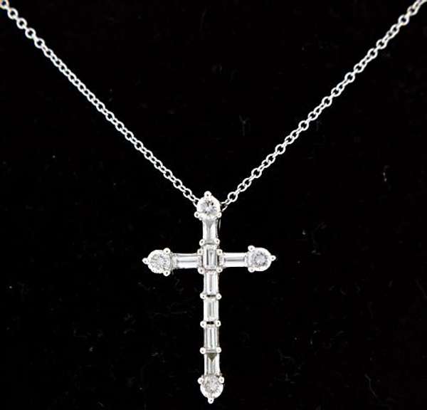 Elegant Baguette & Round Diamond Cross Necklace