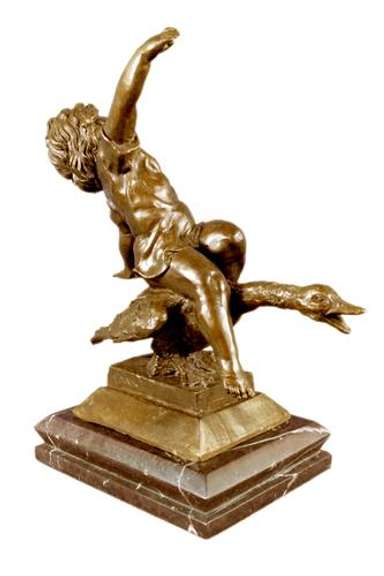 Young Girl Riding a Goose Bronze Sculpture on Marble