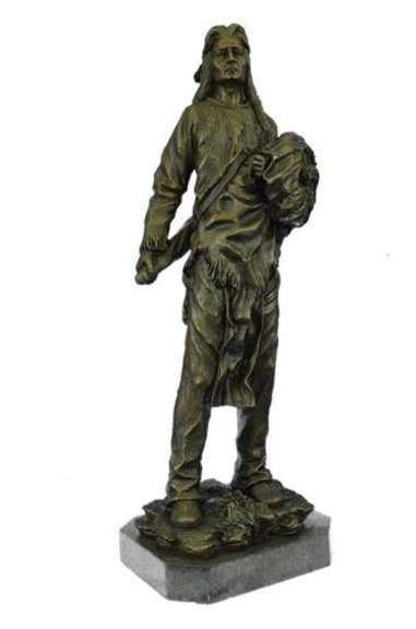 Indian Chief with Shield & Gun Full Headdress Bronze