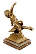 Young Girl Riding a Goose Bronze Sculpture on Marble