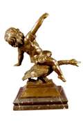 Young Girl Riding a Goose Bronze Sculpture on Marble