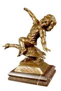 Young Girl Riding a Goose Bronze Sculpture on Marble