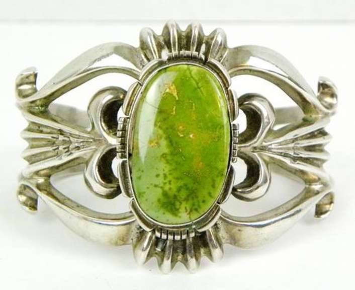 F. L. Begay Navajo Wide Sterling Gaspeite Cuff