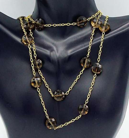 Excellent Long Smokey Quartz Station Necklace, 14K