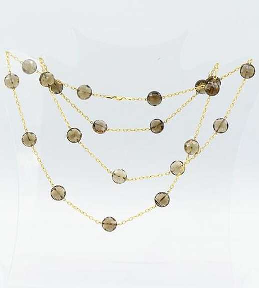 Excellent Long Smokey Quartz Station Necklace, 14K