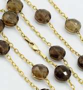 Excellent Long Smokey Quartz Station Necklace, 14K
