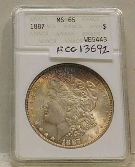 1887 Morgan Dollar ANACS MS-65, color, spectacular !