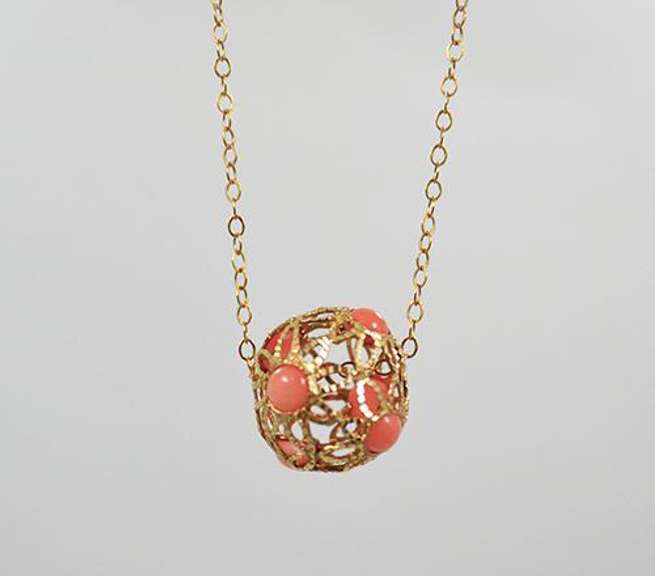 14K Gold Chain Necklace with Filigree Ball Pendant