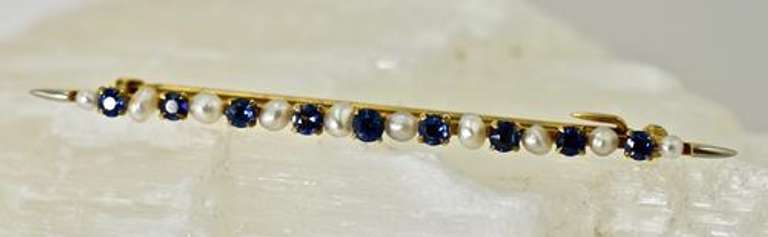 Feminine Vintage Sapphire & Pearl 14K Bar Pin