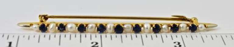 Feminine Vintage Sapphire & Pearl 14K Bar Pin