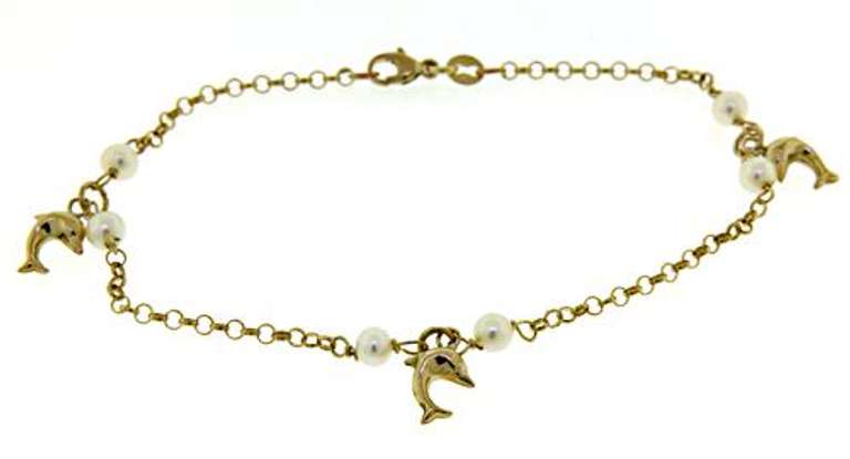 Dainty 14kt YG Dolphin Charm and Pearl Bracelet