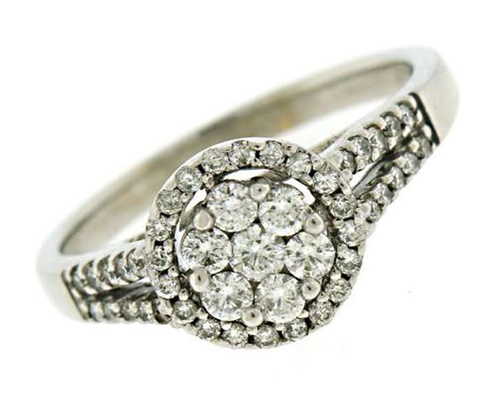 Stylish 14kt WG Diamond Cluster with Halo and Split Shank Ring