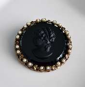 Cameo Metal Brooch Pendant,  Framed with Faux Pearls