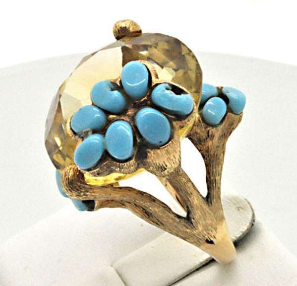 LADIES VERY LARGE CITRINE AND TOURQUOISE BRANCH MOTIF RING.