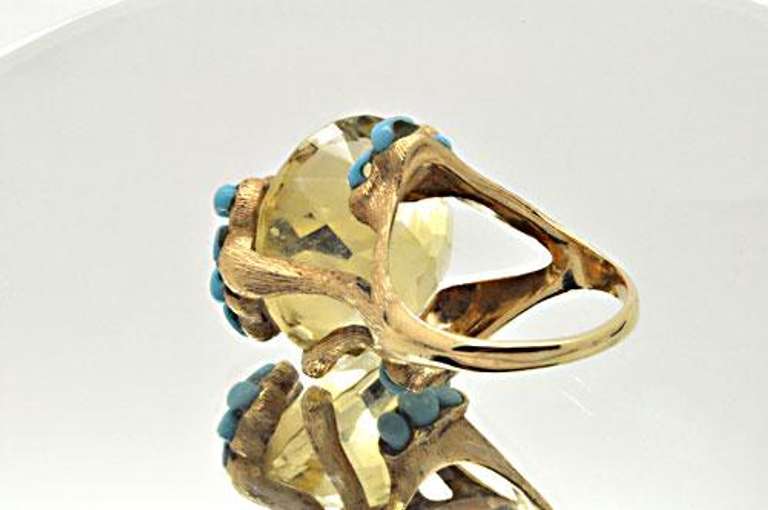 LADIES VERY LARGE CITRINE AND TOURQUOISE BRANCH MOTIF RING.