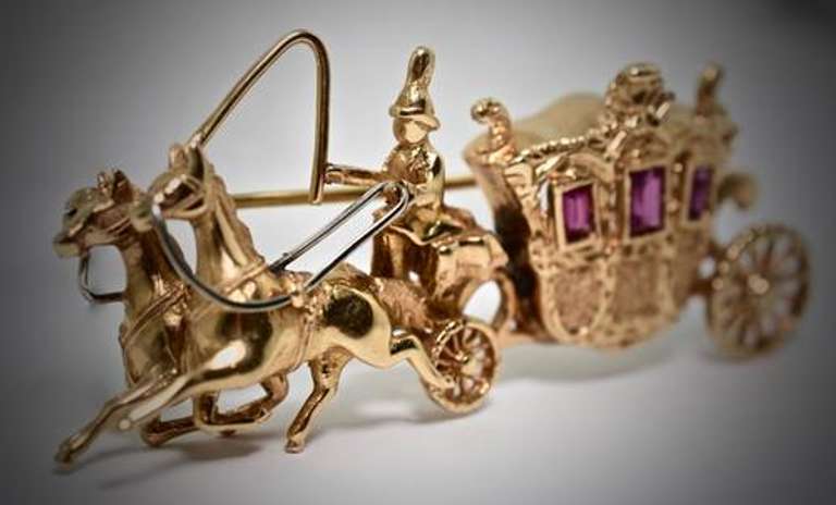 Beautifully Sculpted Whimsical 18K Stage Coach Brooch