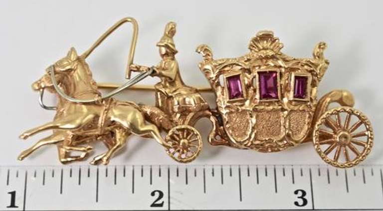 Beautifully Sculpted Whimsical 18K Stage Coach Brooch