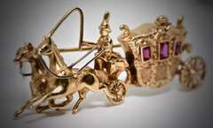 Beautifully Sculpted Whimsical 18K Stage Coach Brooch