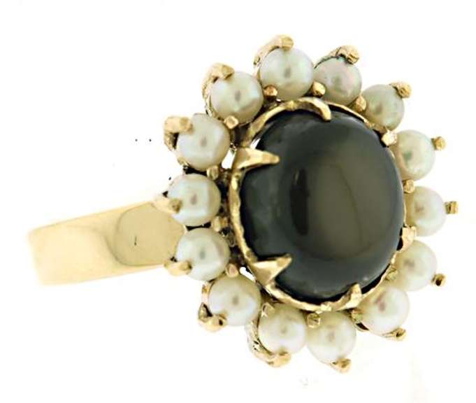 Sensational 10kt YG Black Star Sapphire and Pearl Ring
