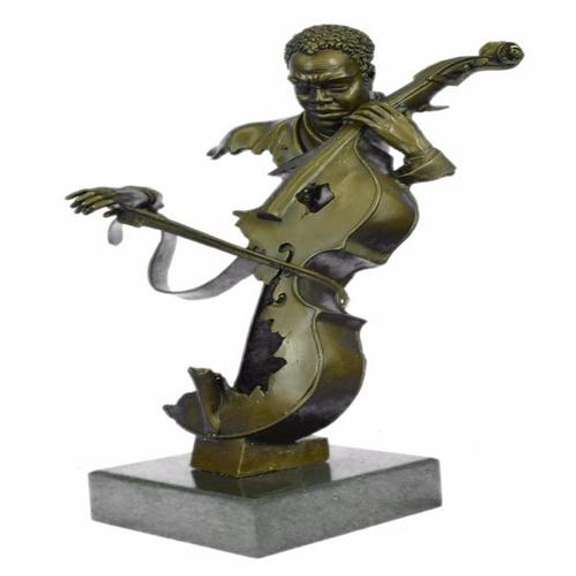 Musician Cello Player on Marble Base Bronze Figurine