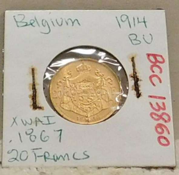 Gold, Belgium, 1914, 20 Francs, Unc, 0.1867 oz Gold